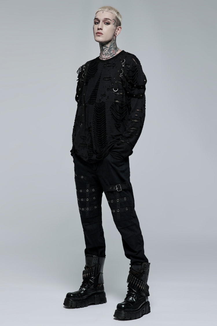 Black Faux Leather Stitching Metal Buttonhole Men's Steampunk Pants