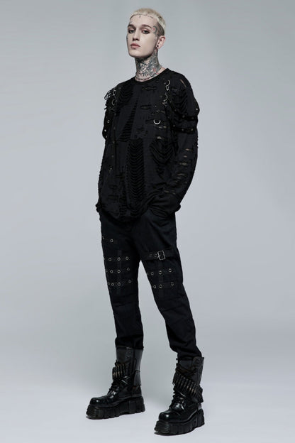Black Faux Leather Stitching Metal Buttonhole Men's Steampunk Pants