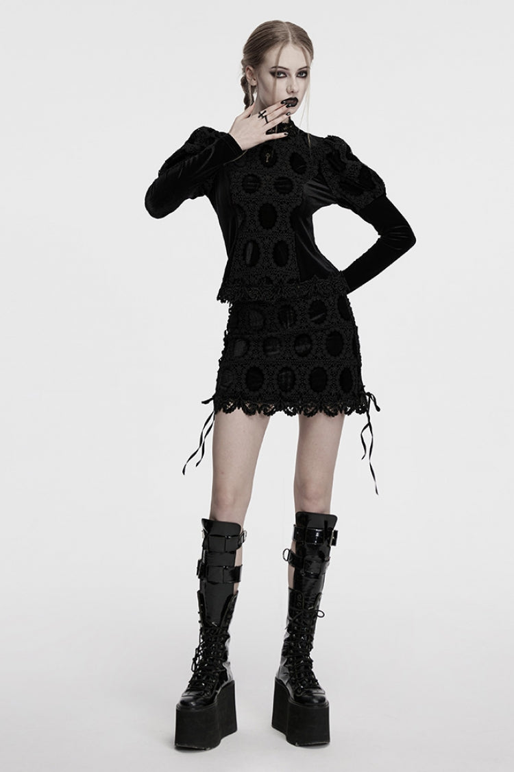 Black Long Puff Sleeves Print Embroidery Women's Gothic Blouse