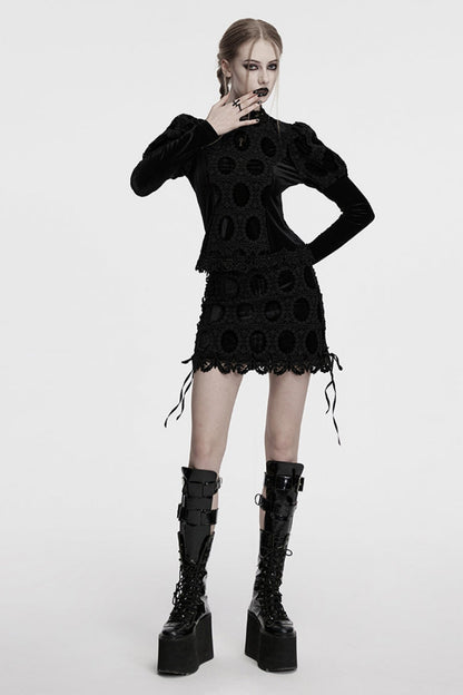 Black Long Puff Sleeves Print Embroidery Women's Gothic Blouse
