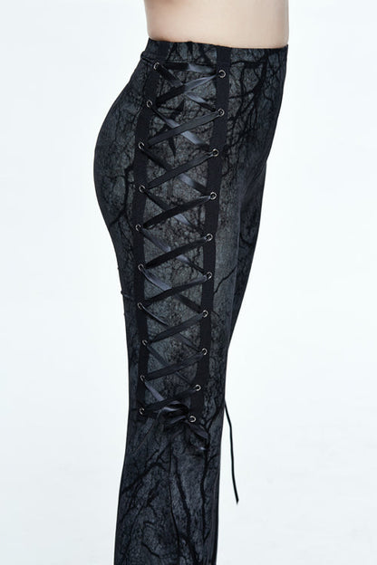 Black Mysterious Forest Gothic Branch Printing Bellbottom Womens Pants