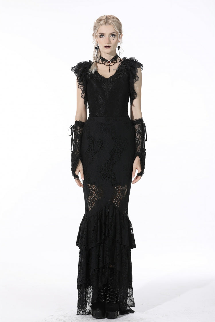 Black Plunging V Collar Short Sleeves Ruffled Lace Sexy Women's Gothic Crop Top