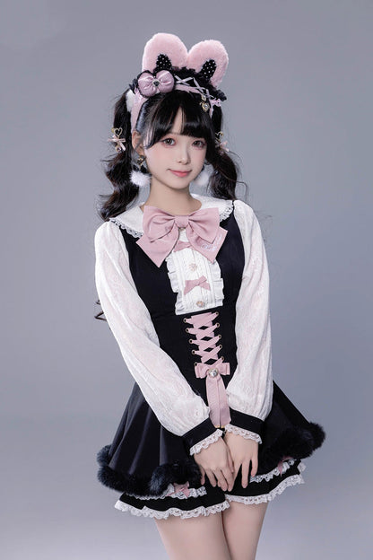Black Long Sleeves Ruffle Bowknot Lace-Up Japanese Jirai Kei Dress Shorts Plush Set
