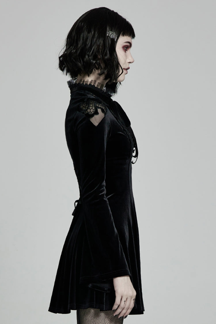 Black Long Trumpet Sleeves Hollow Lace-Up Women's Gothic Dress