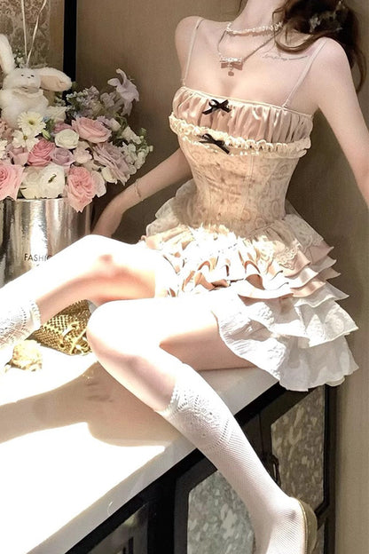 Apricot Multi-Layered Print Ruffle Embroidery Bowknot Sweet Vintage Lolita Skirt