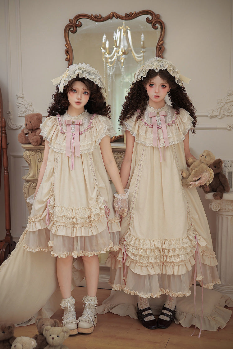 Apricot [Lily's Dream] Stand Collar Short Sleeves Loose-Fit Doll-Like Multi-Layered Ruffled Bow Lace Sweet Lolita Dress 2 Versions