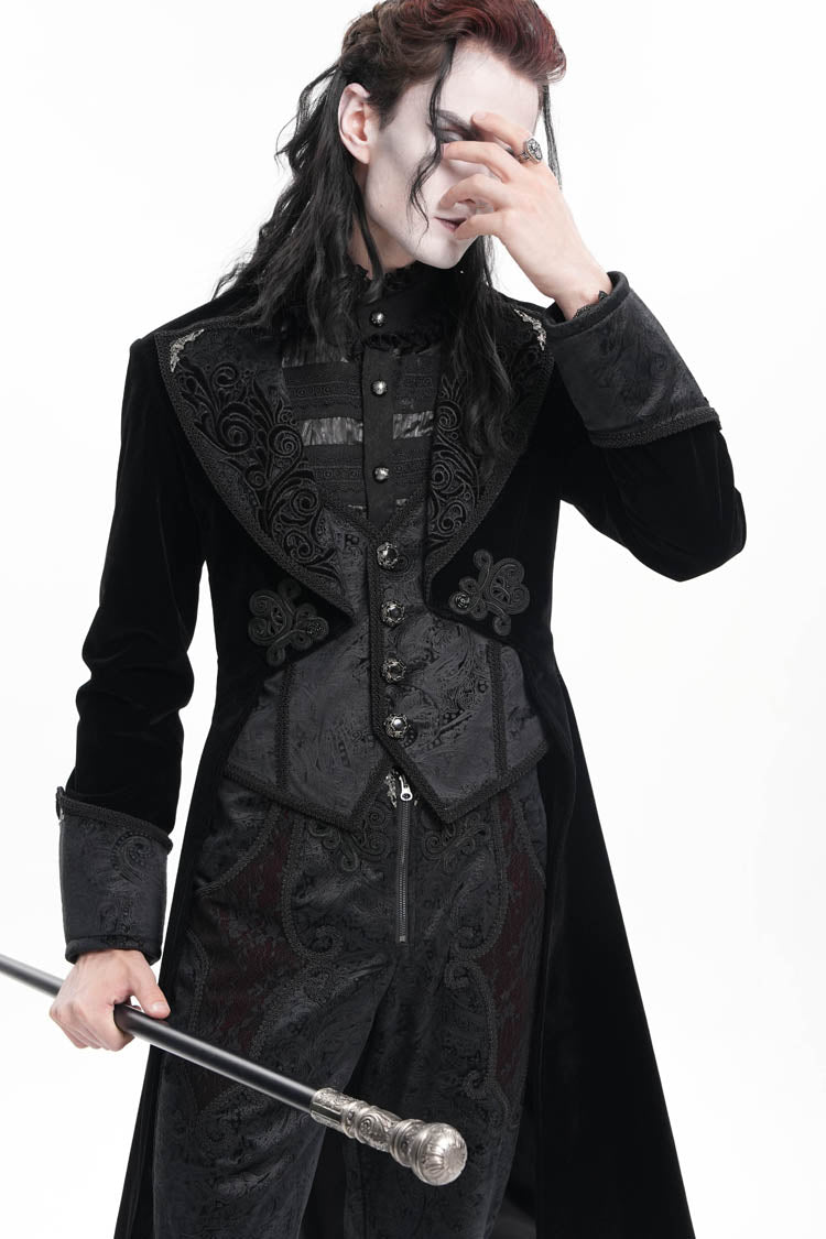 Black Long Sleeves Button Floral Embroidery Men's Gothic Jacket