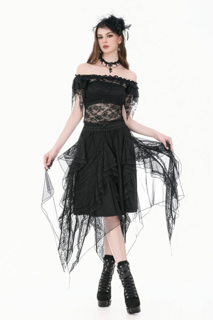 Black Off Shoulder Floral Sheer Lace Women's Gothic Top