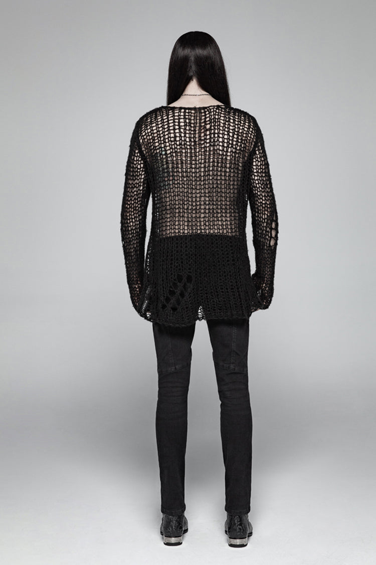 Black Casual Ripped Pullover Men's Steam Punk Sweater