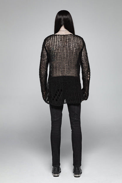Black Casual Ripped Pullover Men's Steam Punk Sweater