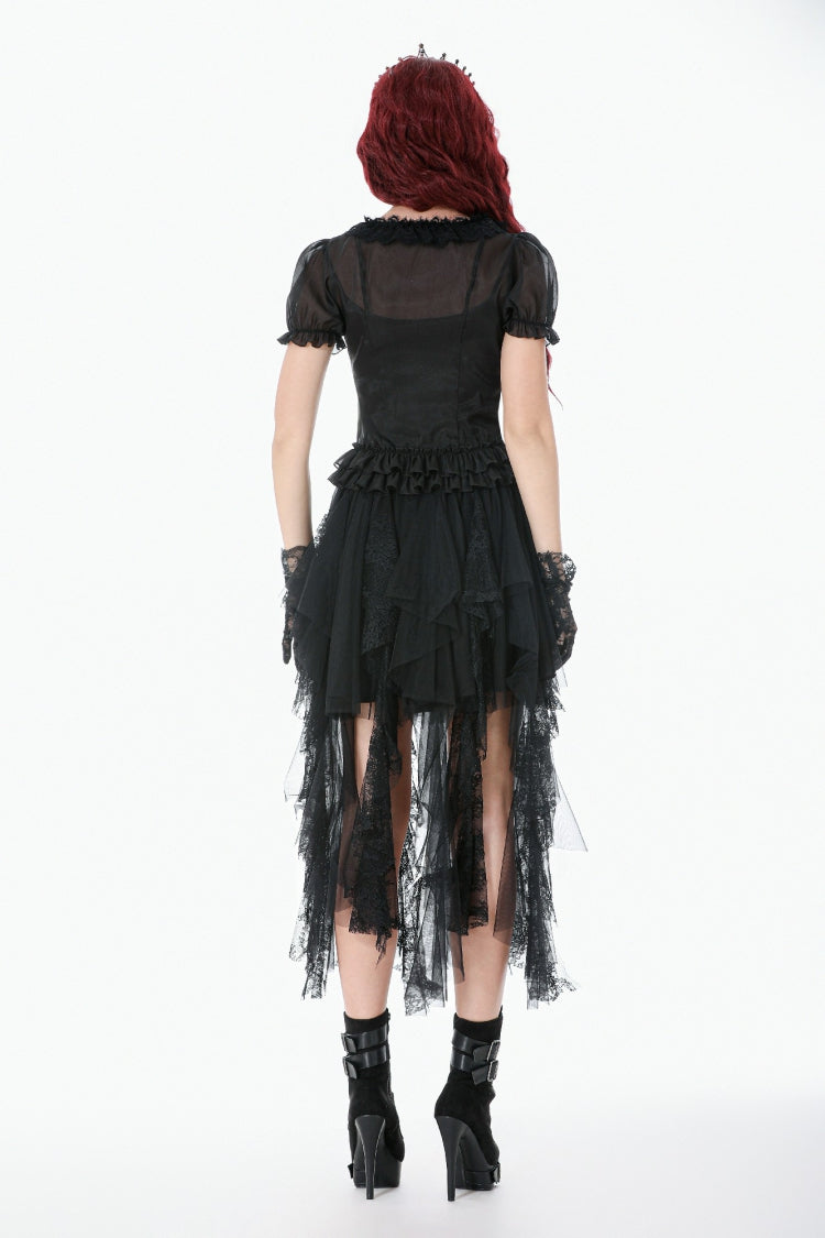 Black Deep V Collar Short Puff Sleeves Multi-Layered Ruffled Lace Sheer Women's Gothic Blouse