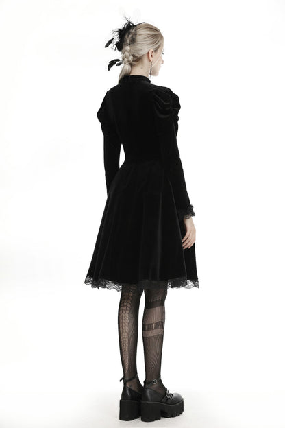 Black Lace Long Puff Sleeves Women's Gothic Velet Dress