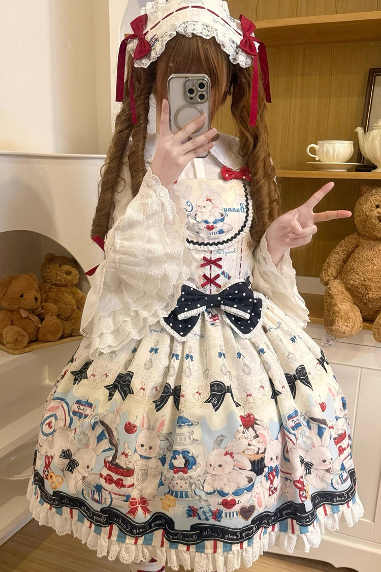 Beige [Mystery Rabbit Tea Party] Sleeveless Print Ruffle Bowknot Lace Sweet Lolita Jsk Dress