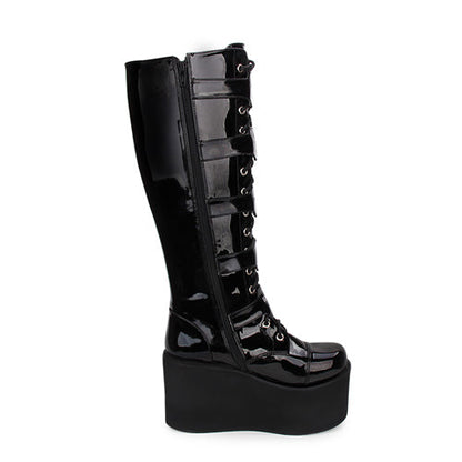 Black Cross Patent Leather Lace Up Long Gothic Lolita Boots