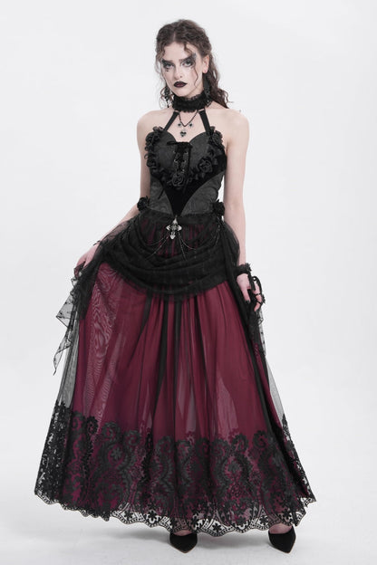 Black Halterneck Sleeveless Embroidery Stitching Rose Heart Lace Women's Gothic Blouse