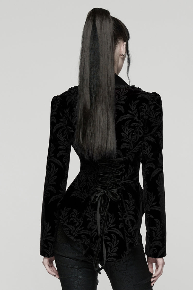 Black Lapel Collar Long Sleeves Lace-Up Zipper Women's Punk Coat