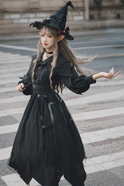 Black Lapel Collar Cat Eye Irregular Hem Gothic Lolita OP Dress