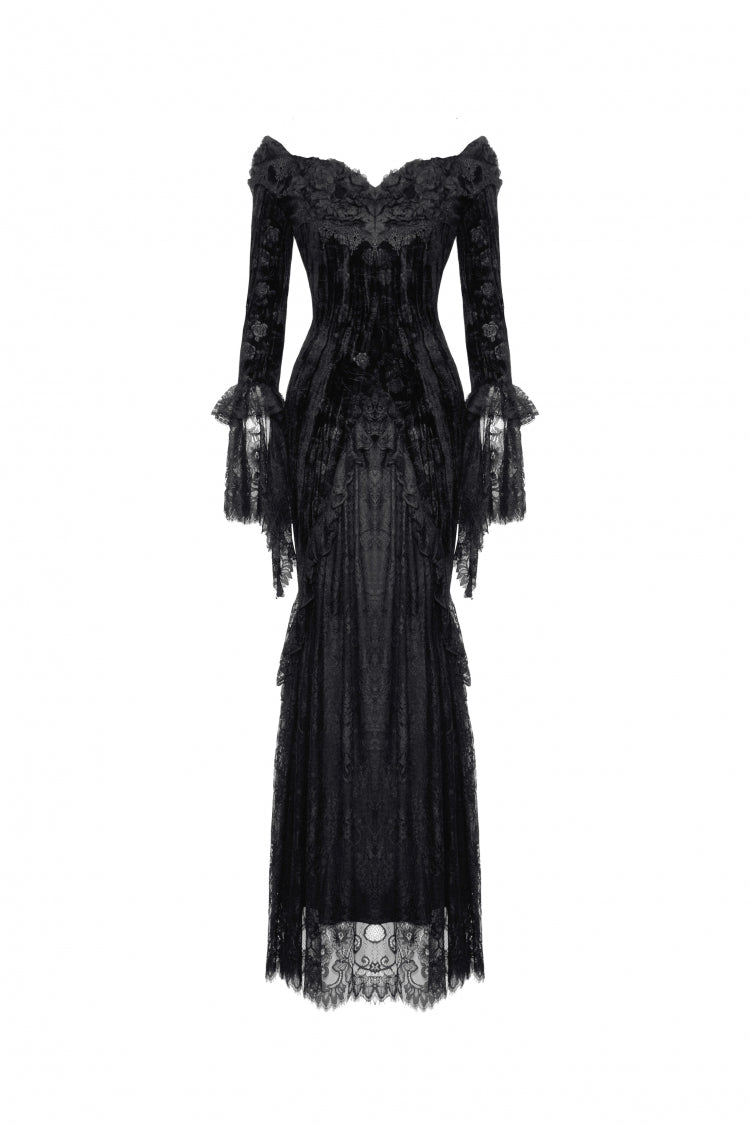 Black Off Shoulder Lace Long Trumpet Sleeves Lace-Up Women's Gothic Bodycon Dress