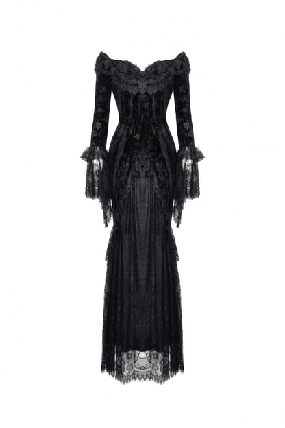 Black Off Shoulder Lace Long Trumpet Sleeves Lace-Up Women's Gothic Bodycon Dress