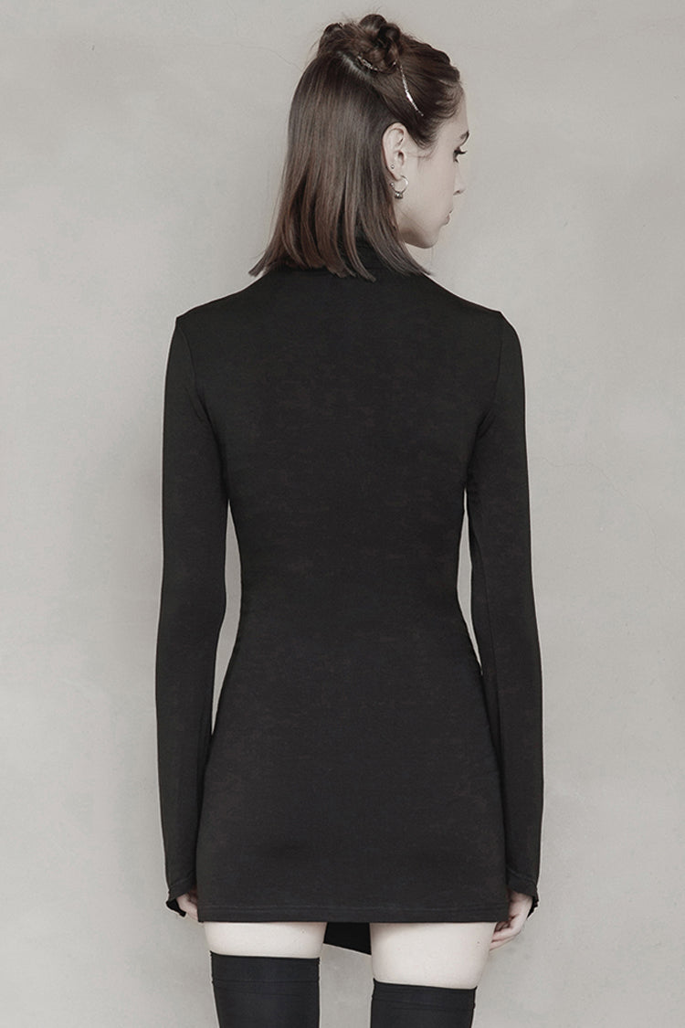 Black Cashmere Knitting Cross Fold Tie Rope Design High Collar Pleated Fit Women's Punk Dress