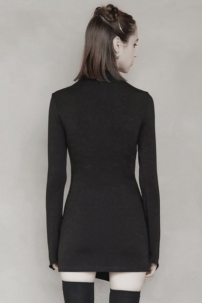 Black Cashmere Knitting Cross Fold Tie Rope Design High Collar Pleated Fit Women's Punk Dress