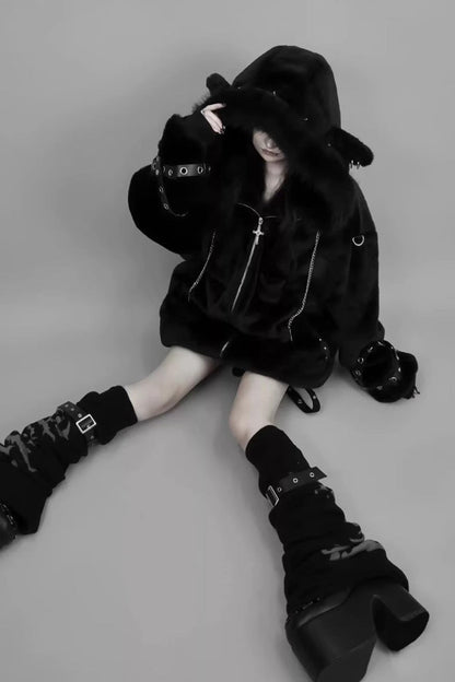 Black Long Sleeves Lamb Ears Hooded Rivet Punk Japanese Jirai Kei Coat