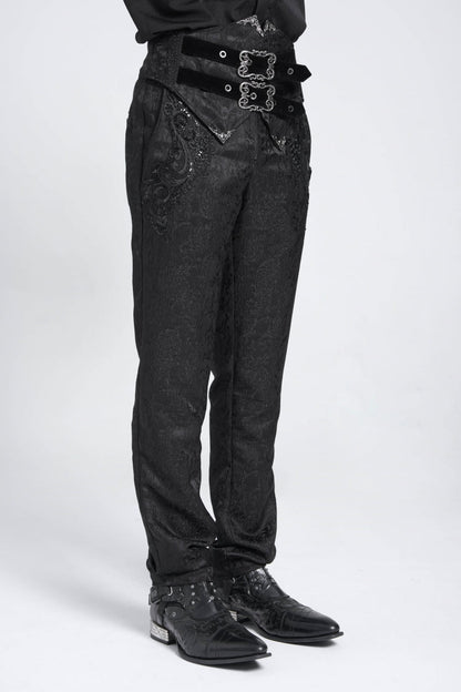 Black Double Buckles High Waisted Embroidery Men's Gothic Suit Pants
