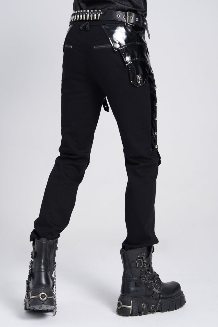Black Armor Patent Leather Stitching Men's Punk Pants
