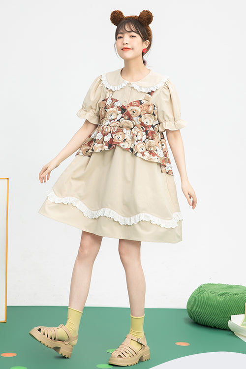 Beige Vintage Doll Collar Bear Print Fake Two Pieces Short Sleeves Sweet Lolita Dress