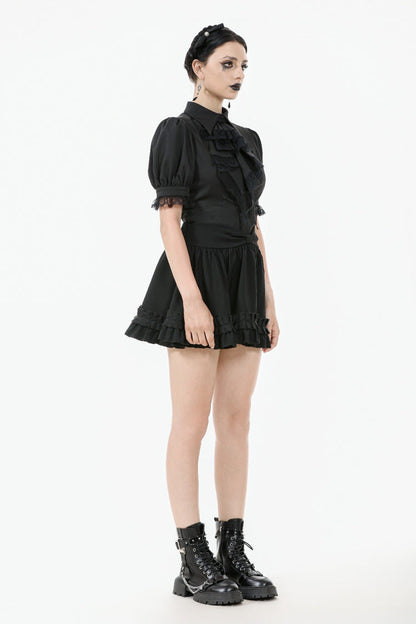 Black Point Lapel Collar Short Puff Sleeves Women's Gothic Blouse with Removable Rosette Cravat