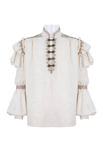 Beige Stand Collar Lantern Sleeves Multi-layer Ruffle Men's Gothic Blouse