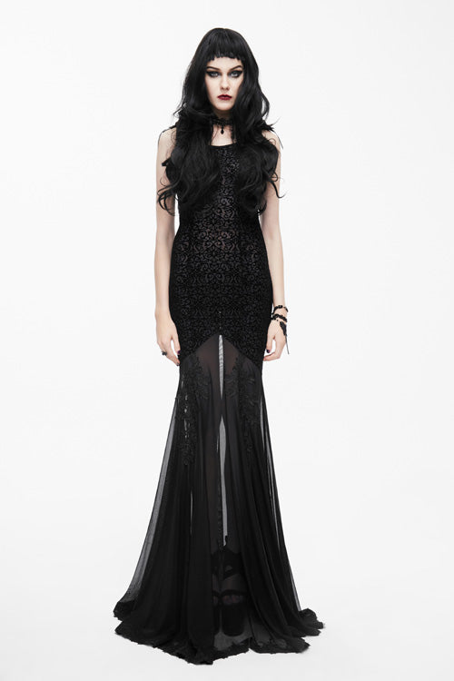 Black Floral Pattern Floor Length Sexy Lace Fishtail Gothic Womens Dress