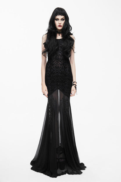 Black Floral Pattern Floor Length Sexy Lace Fishtail Gothic Womens Dress