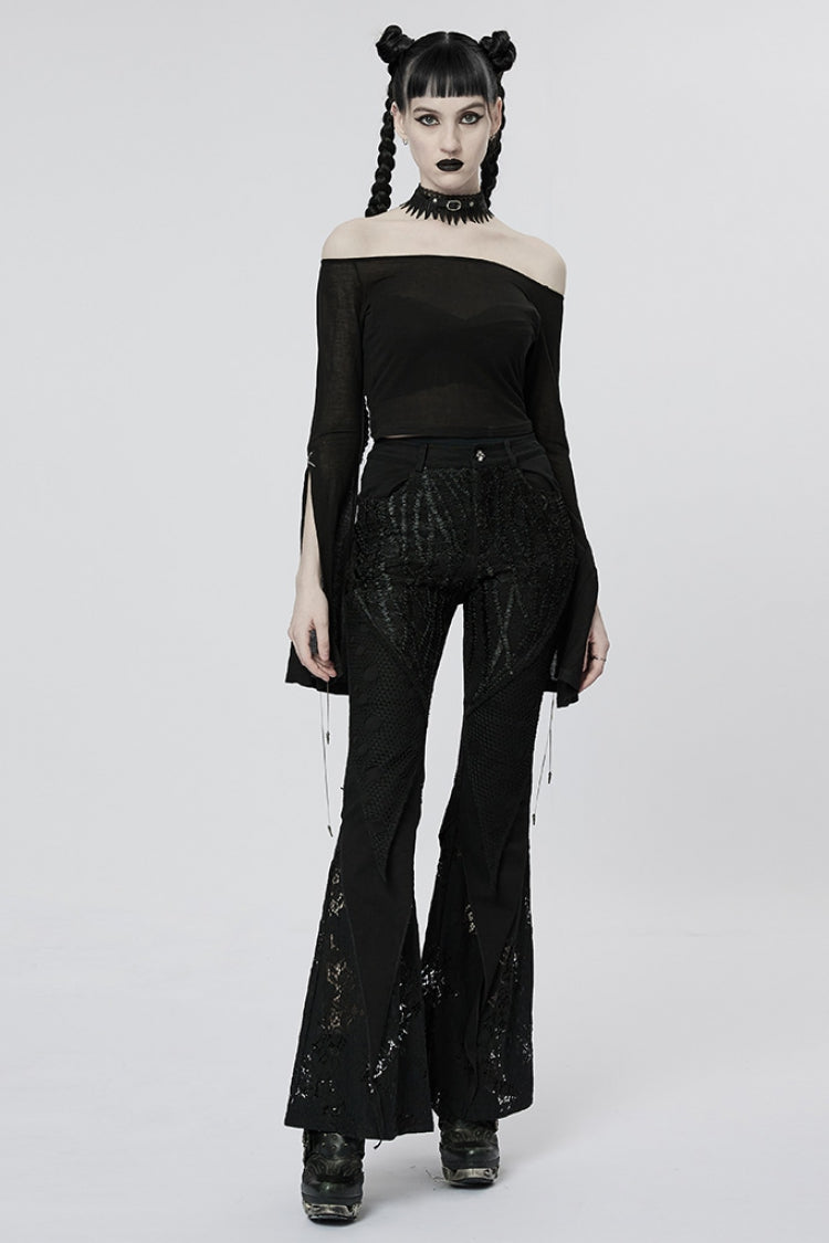 Black Off Shoulder Long Sleeves Metal Chain Women's Gothic T-Shirt