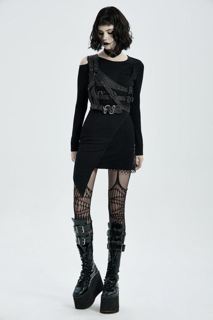 Black Cut-Out Asymmetric Buckled Eyelet Women's Punk Accessory with Pocket
