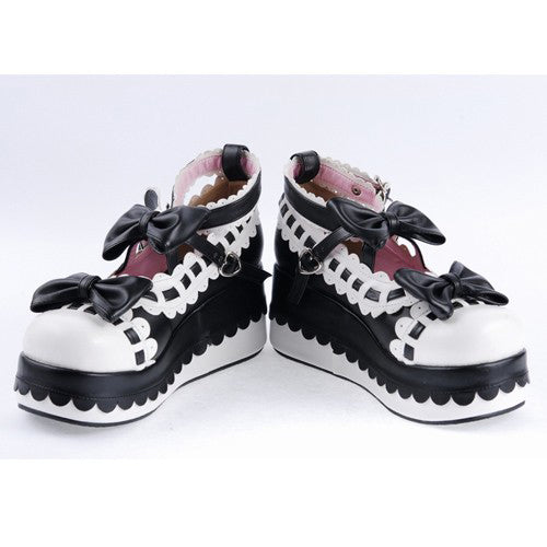 Black & White Romantic PU Round Toe Ankle Straps Bow Decoration Platform Lolita Shoes