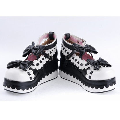 Black & White Romantic PU Round Toe Ankle Straps Bow Decoration Platform Lolita Shoes