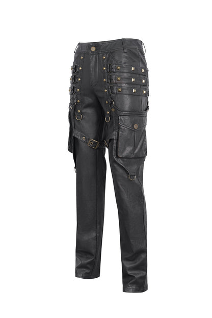 Black Big Pocket Bronze Studded Faux Leather Men's Gothic Pants