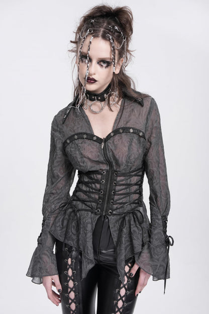 Black Long Sleeves Embroidery Lace-Up Irregular Sheer Women's Gothic Blouse