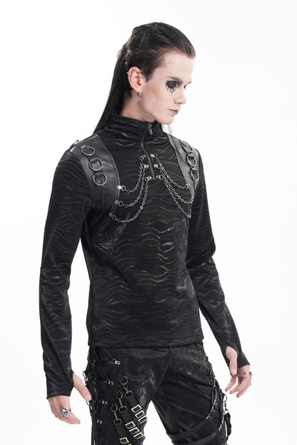 Black Chain Rings Stand Collar Long Sleeves Men's Gothic T-Shirt