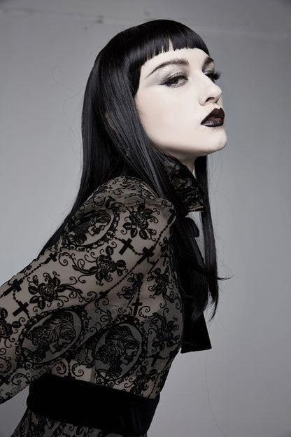 Black Floral Flocking Printed Long Sleeves Velvet With Tie Womens Gothic Dress