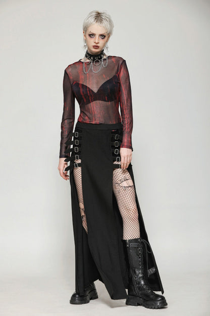 Black Buckled Zippered Women's Punk Side Slit Long Skirt