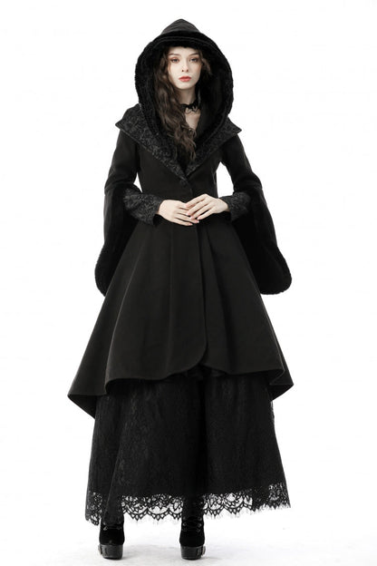 Black Lapel Collar Long Sleeves Women's Gothic High Low Woolen Dovetail Coat with Hood