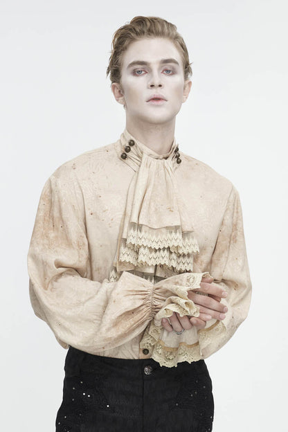 Apricot Stand Collar Puff Sleeved Men's Gothic Shirt With Necktie