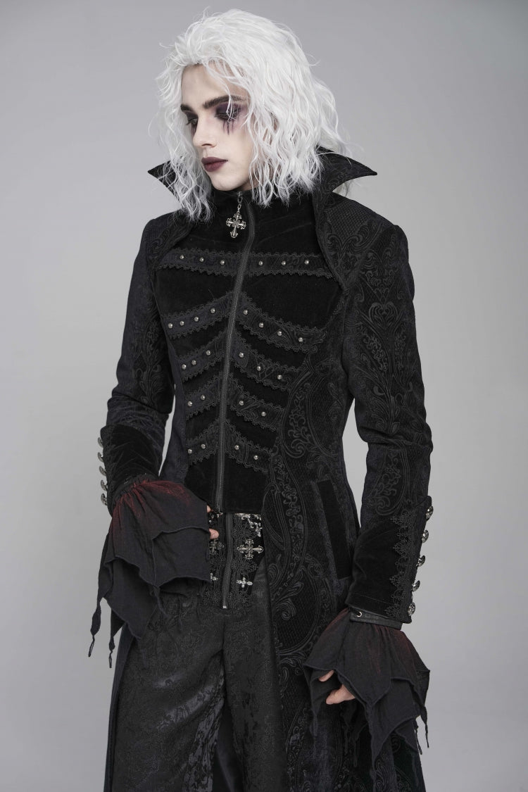 Black Diamante Stand Collar Long Sleeves Printed Zippered Men's Gothic Long Coat