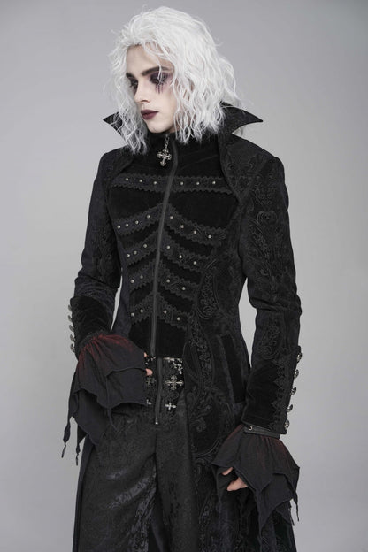 Black Diamante Stand Collar Long Sleeves Printed Zippered Men's Gothic Long Coat