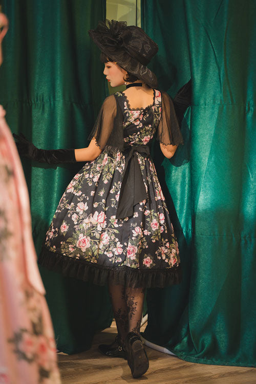 Black Elegant Vintage French Rose Print Square Collar Ruffled Classic Lolita OP Dress