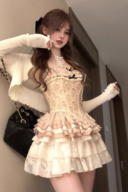 Apricot Multi-Layered Print Ruffle Embroidery Bowknot Sweet Vintage Lolita Skirt