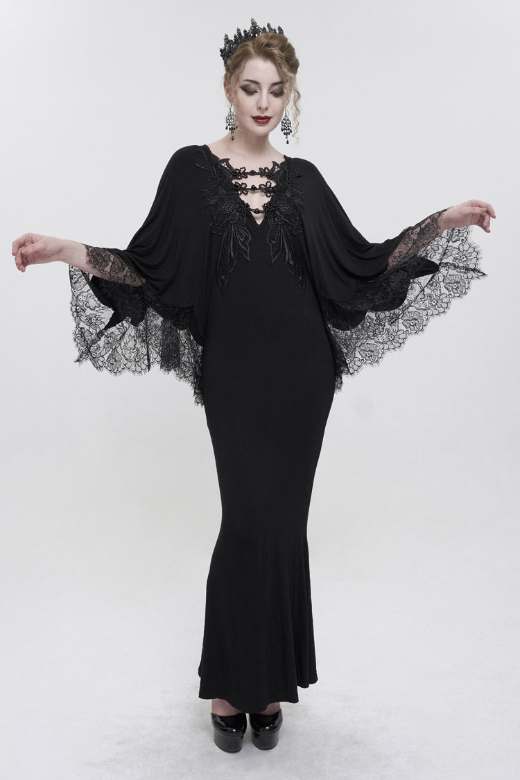 Black Deep V Neck Bat Sleeve Chest Appliqu Lace Bead Buckle Connection Small Fishtail Long Women's Gothic Dress