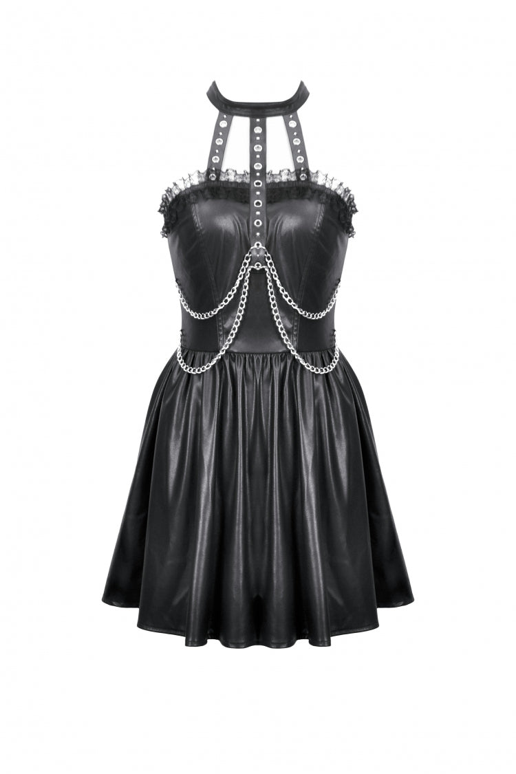 Black Halterneck Zippered Chain-Decorated Eyelet Women's Punk Faux Leather Dress
